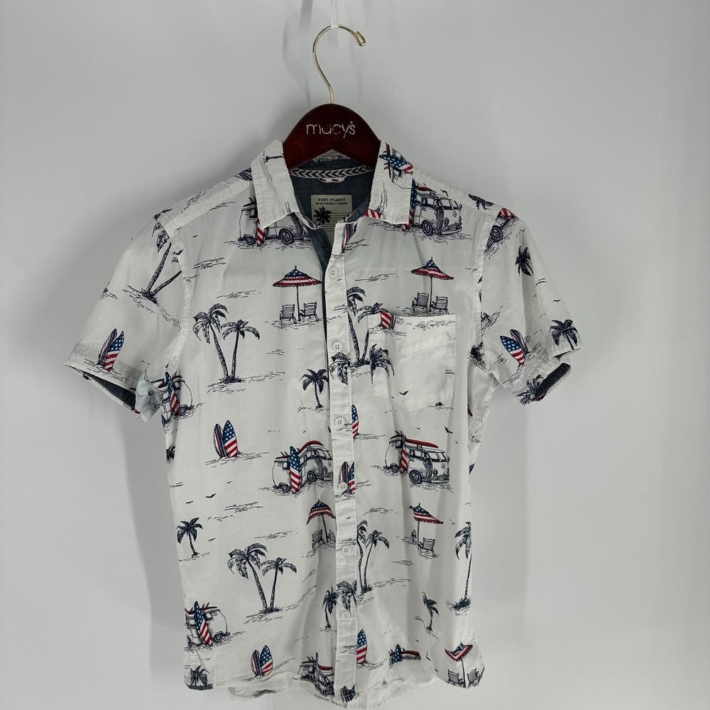 Free Planet White Hawaiian Tropical‎ Short Sleeve Button Up Shirt Size Small